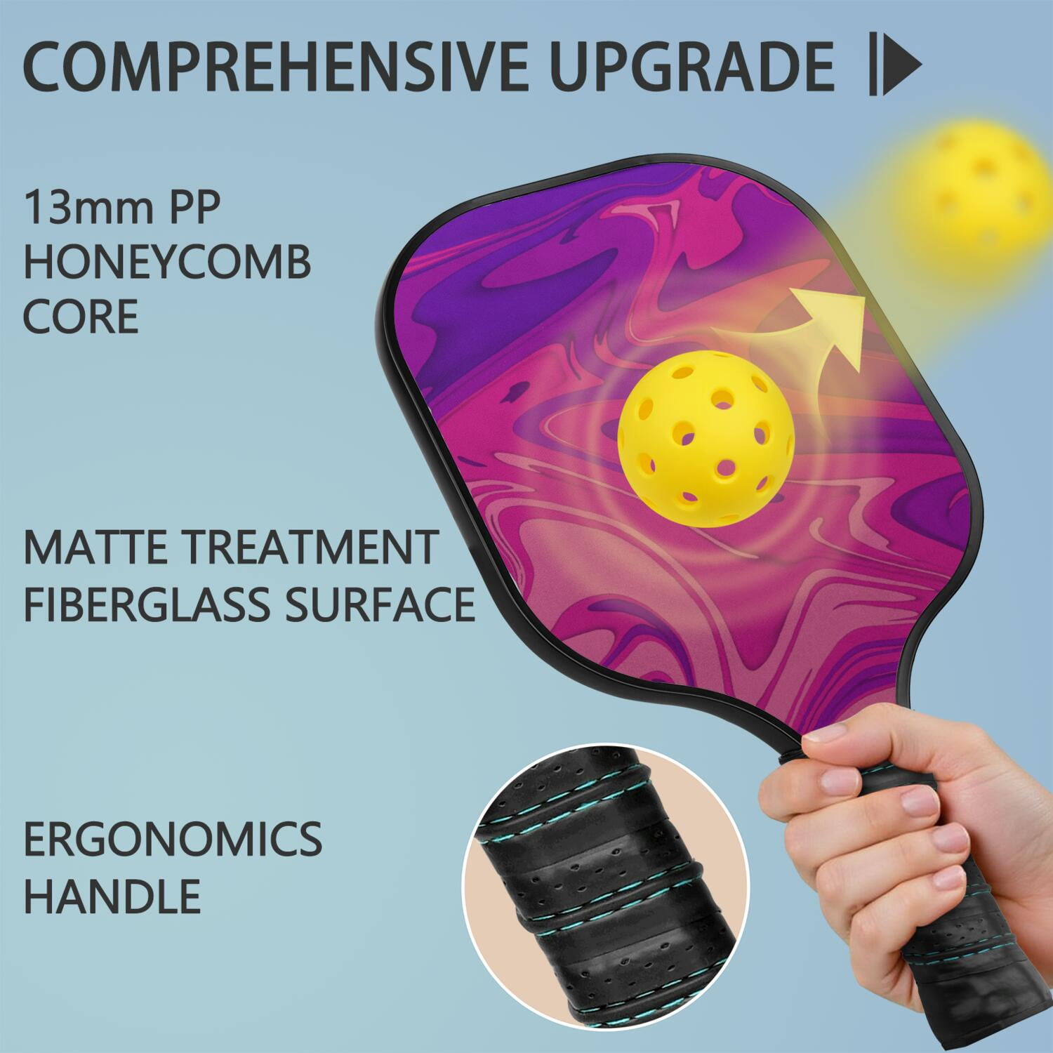 Pickleball Paddles Set Of 1, Fiberglass Surface, Liquid & Marble Print, 1 Paddles, 2 Balls & Bag