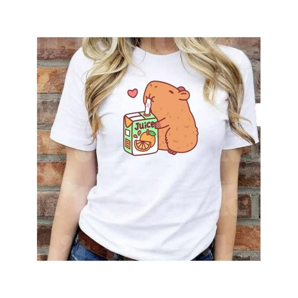 Playera Blusa Divertida De Capybara Tomando Jugo Ropa De Mujer Capibara Color Blanco Talla Grande Marca Emil SaEs