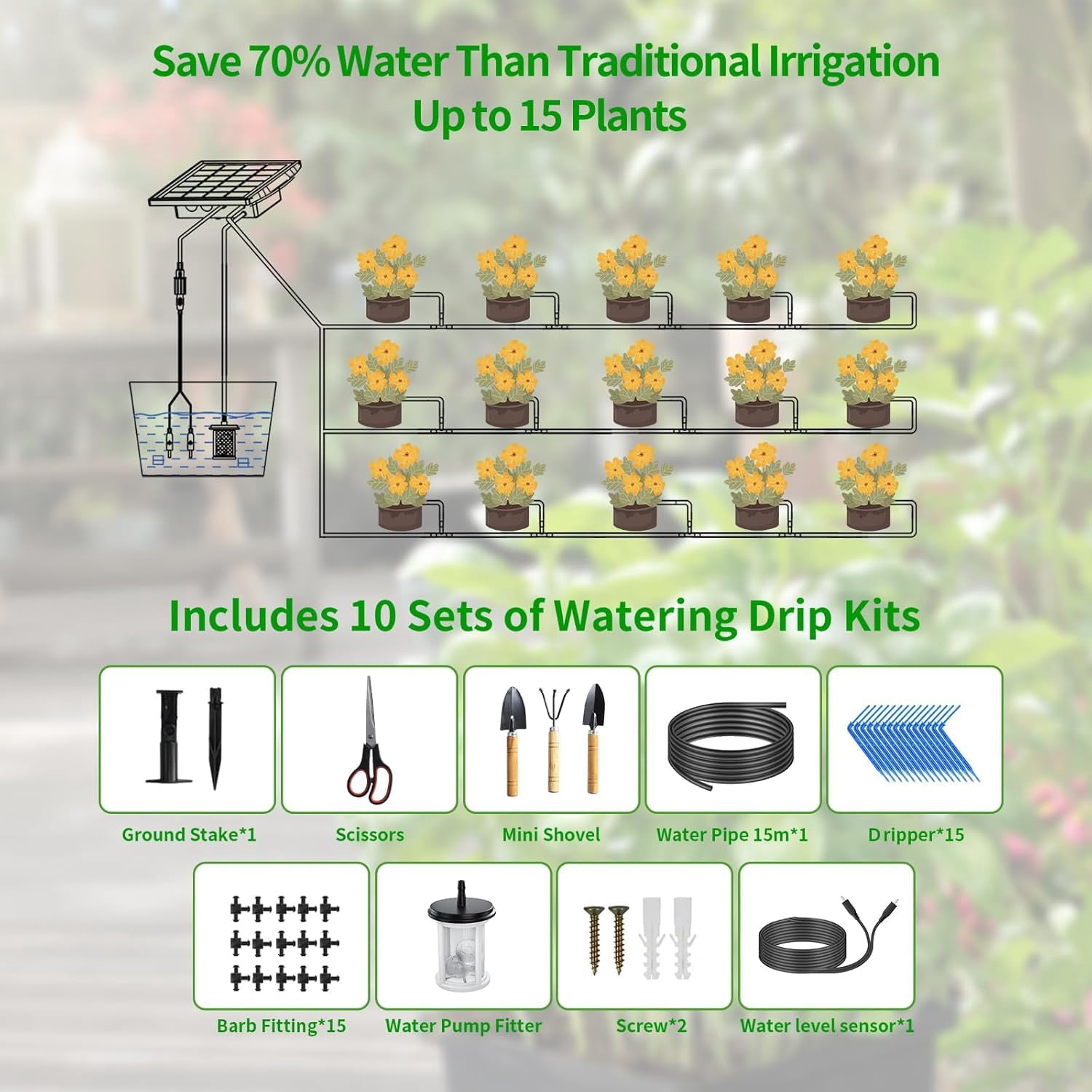 49FT Solar Drip Irrigation System Auto Watering Kit for 15 Pots, Solar-Powered Plant Watering Garden Irrigation System