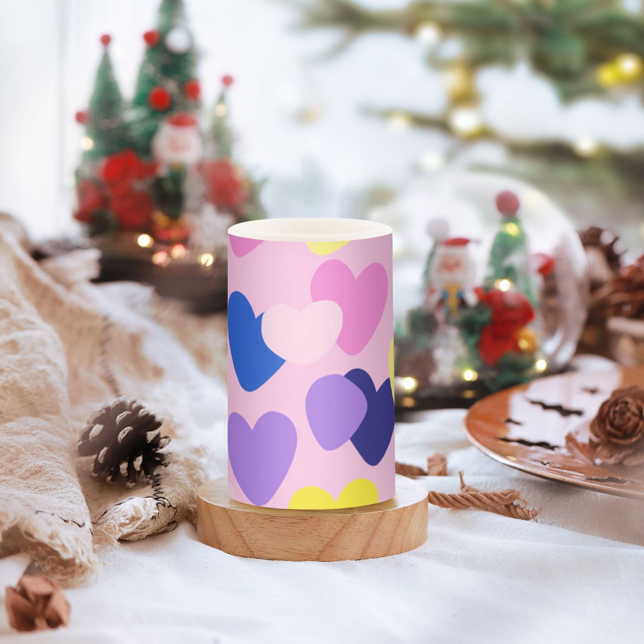 Valentine Illustration Purple Yellow Pink Blue Hearts Flickering Flameless Candles LED Tealight Battery Operated with Remote Set of 2 Holiday Decor Ornaments