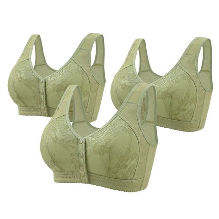 REORIAFEE Womens Bras 3PC Front Closure Gathered Together Wirefree Bras Lace embroidery Brassiere Breathable Wide Strap Comfy Corset Underwear Classic Comfortable Support Lingerie Green 38/85