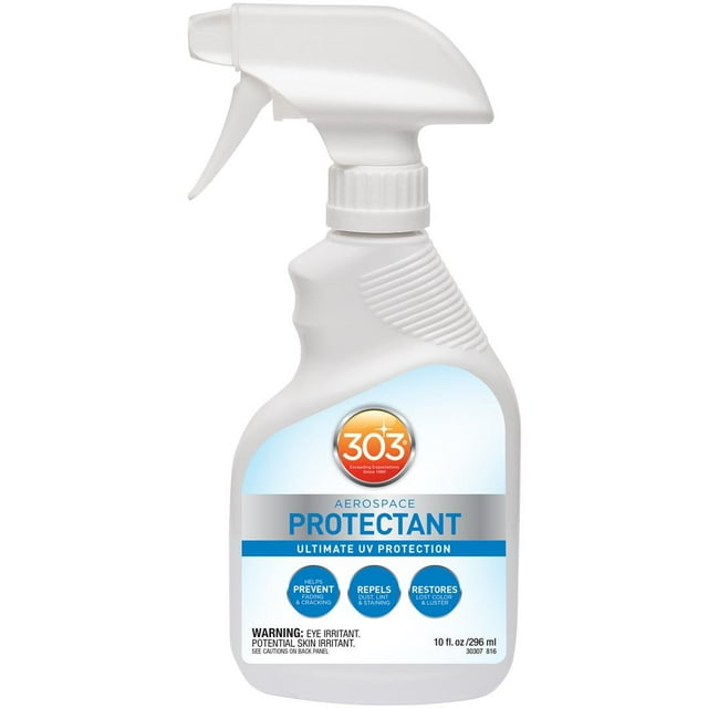 303 Vinyl Protectant 30307 Aerospace Protectant in a 10-ounce spray bottle. The white bottle with a trigger spray nozzle is designed for UV protection, preventing fading, cracking, and staining. Ideal for maintaining vinyl, fiberglass, carbon fiber, rubber, plastics, and finished leather surfaces. Commonly used in automotive maintenance and cleaning tasks.