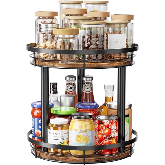 LAMU 10" 2 -Tier Lazy Susans Turntable Organizer for Cabinet Pantry Kitchen Countertop Refrigerator Cupboard, Carbonized Wood Black