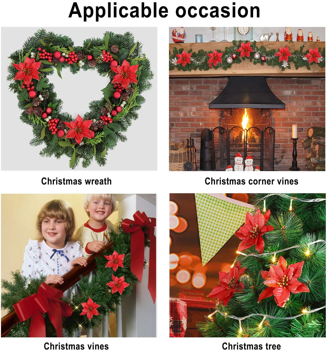 12 Pack Silver Christmas Glitter Poinsettia Flowers Decorative Artificial Poinsettia Flowers - Red