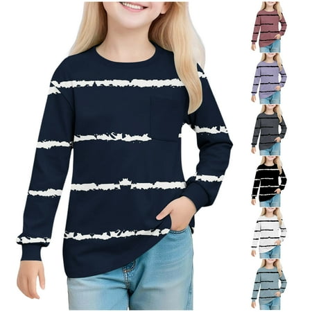 AHTJRT Kids Sweatshirts Crewneck Fashion Striped Color Long Sleeve Tshirt with Chest Pocket Lightweight Fall Spring Outdoor Streetwear Blouse Tee Shirts Purple 13-14 Years
