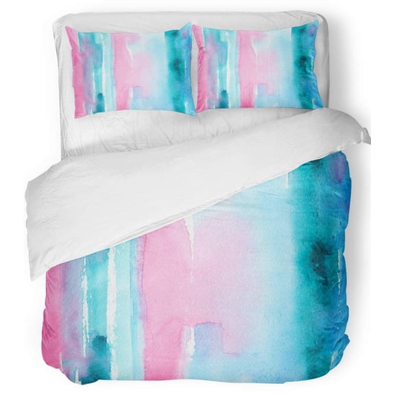 FMSHPON 3 Piece Bedding Set Hand Made Abstract Watercolor with Artistic Wash in Pink and Turquoise Blue Twin Size Duvet Cover with 2 Pillowcase for Home Bedding Room Decoration