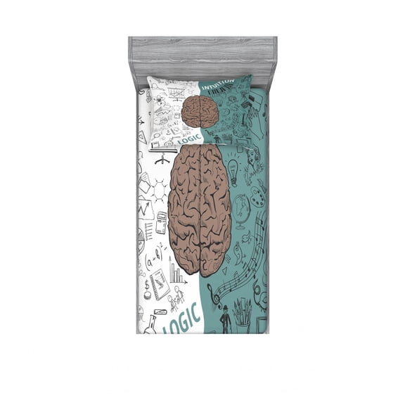 Modern Bedding Set with Sheet & Covers, Brain Image Left and Right Music Logic Artwork Side Science Educational Print, Printed Bedroom Decor 2 Shams, 4 Sizes, White Teal Umber, by Ambesonne