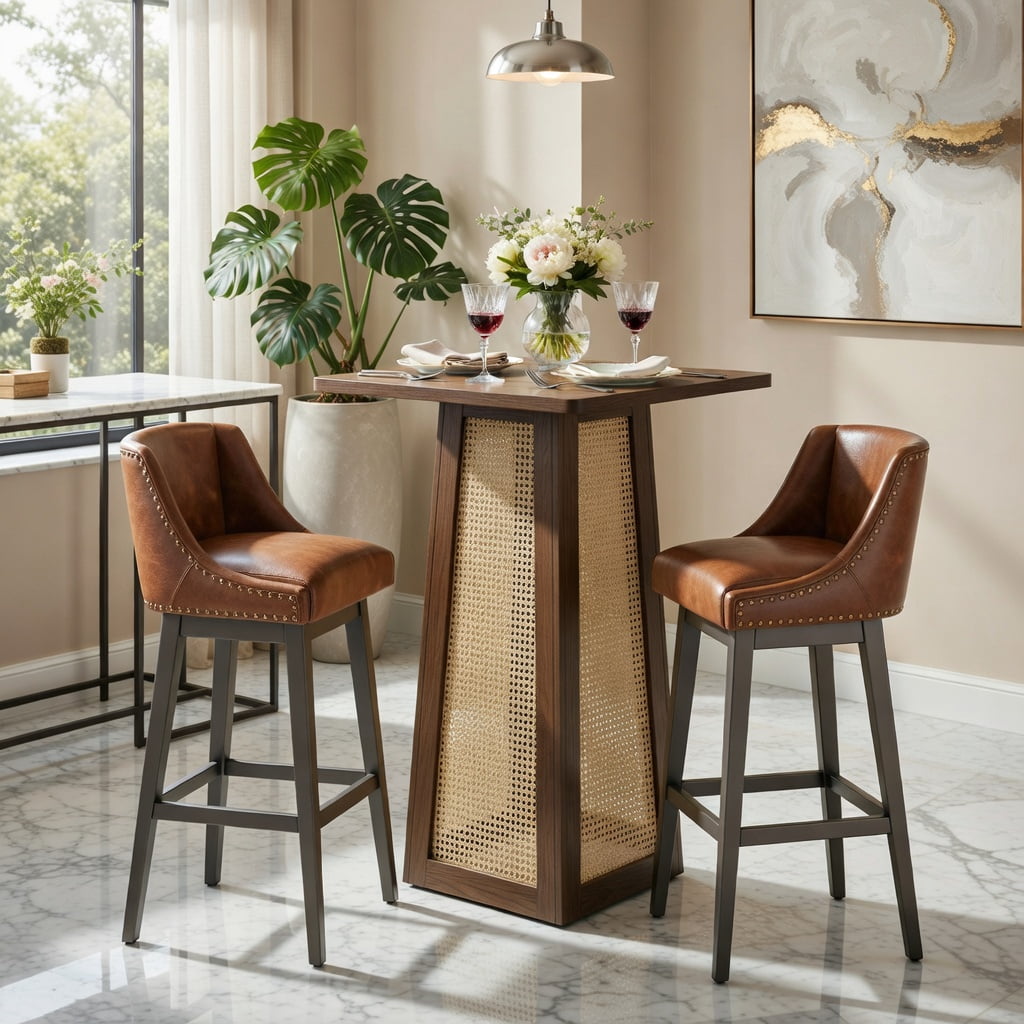 Hommoo 31.5 Inch Square Counter Height Bar Table with Wood Top & Rattan Base, Pedestal Pub Table for Kitchen Island, Breakfast Nook, Small Apartment or Patio, Walnut