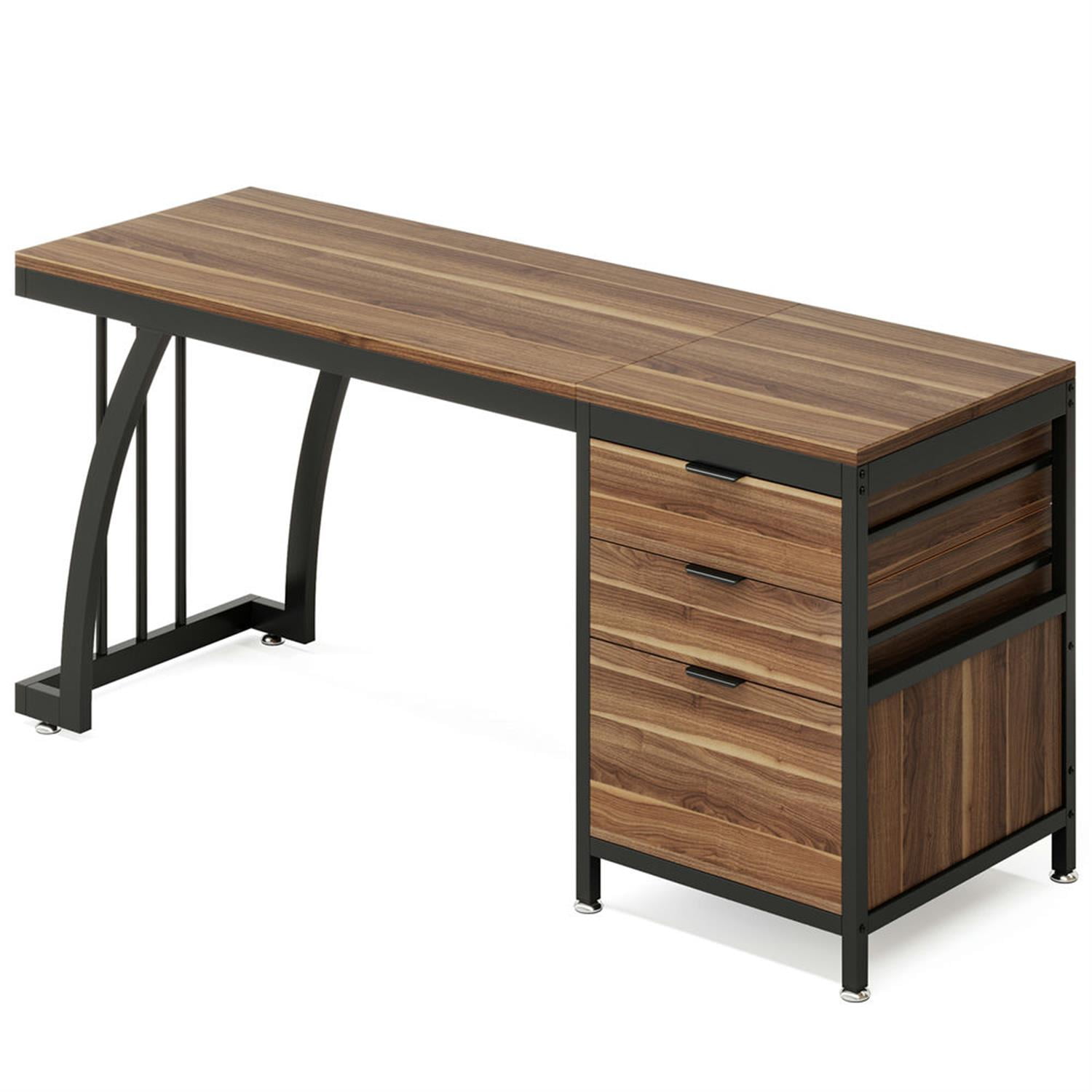 Demi Bonn 59" Industrial Computer Desk with Reversible Drawer Cabinet, Modern Study Writing Gaming Table for Home Office, Walnut
