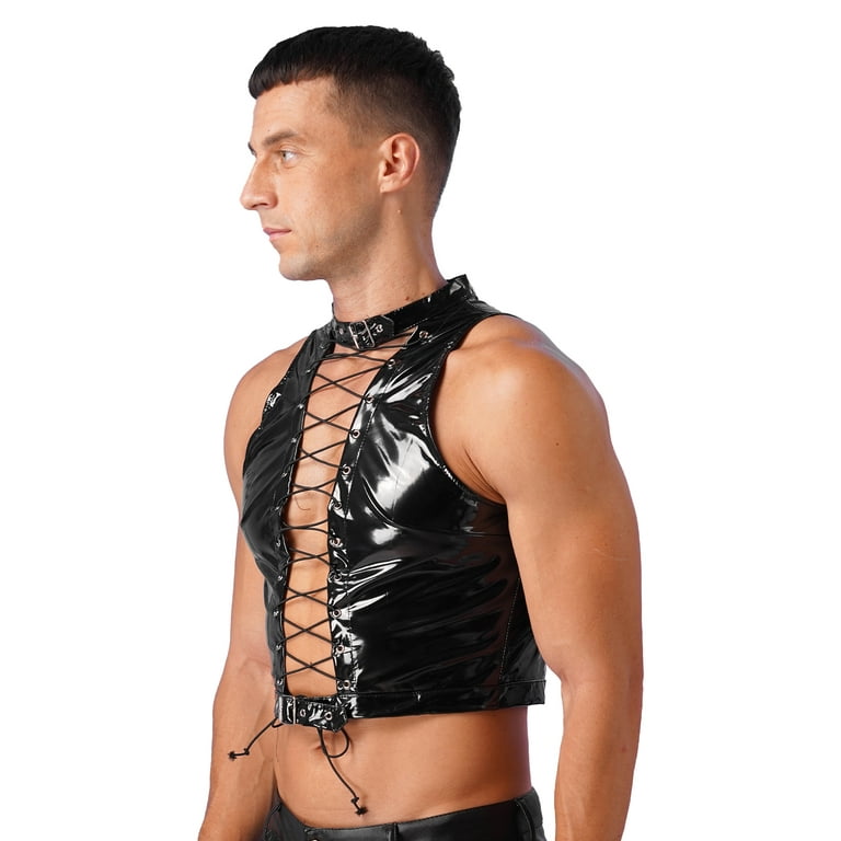 Yeahdor Mens Sleeveless Lace-Up Crop Top Wet Look Patent Yeahdor Mens Sleeveless Lace-Up Crop Top Wet Look Patent