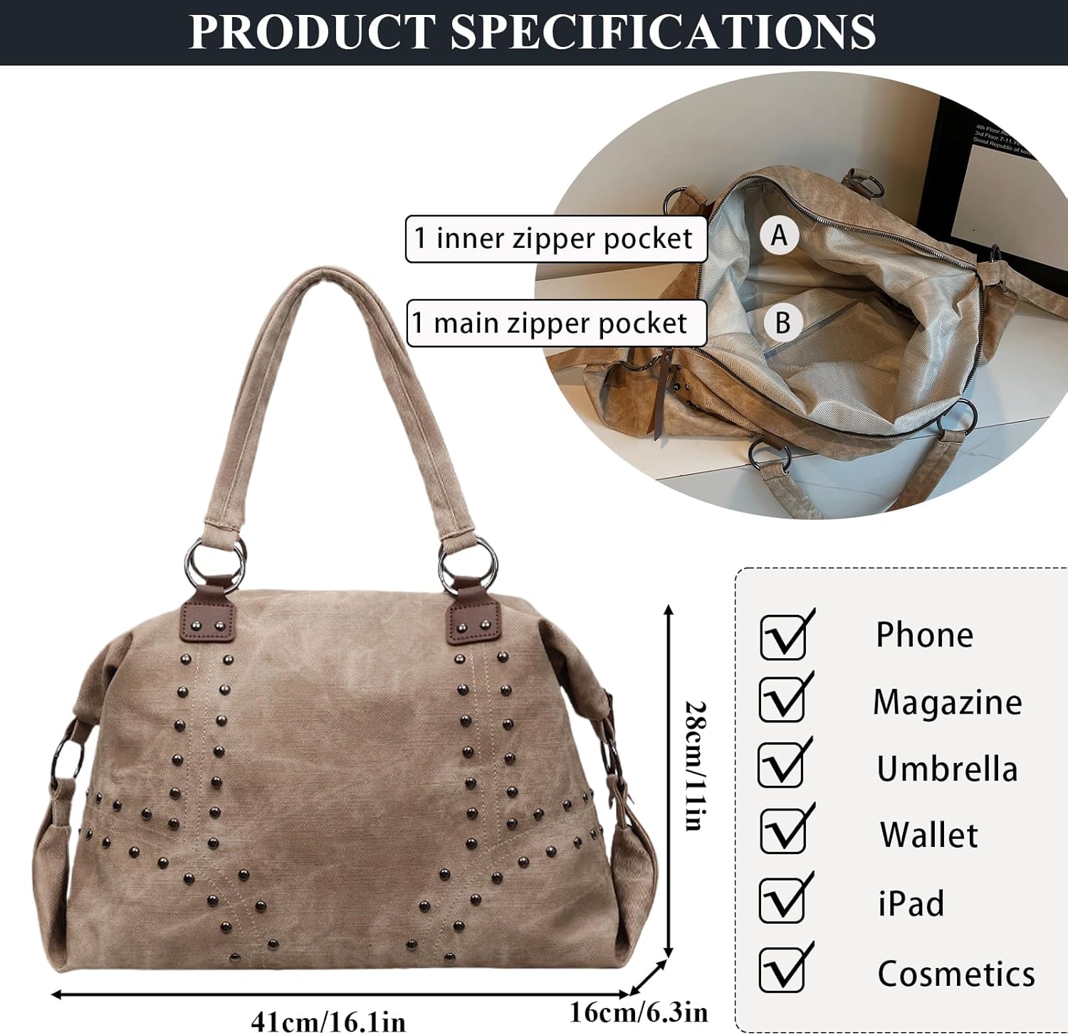 SPEKSEE Studded Purse Trendy Faux Leather Studded Tote Handbag Top-Handle Hobo Bags Y2K Shoulder Bag Punk Purse for Women