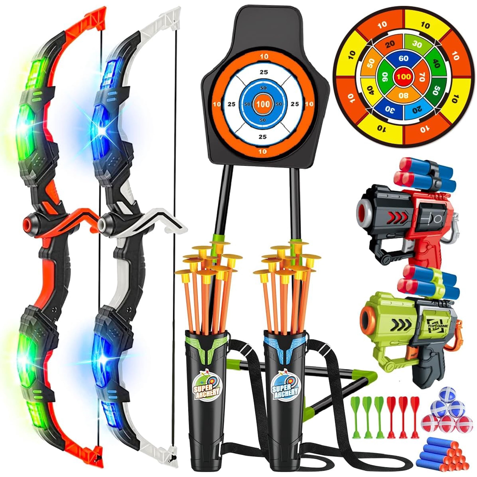 TERRAMUS Kids Archery Target Game Set 2-Pack Luminescent Active Bows with Pneumatic Launchers Vacuum Suction Arrows Toys for Boys Girls Ages 5-11+