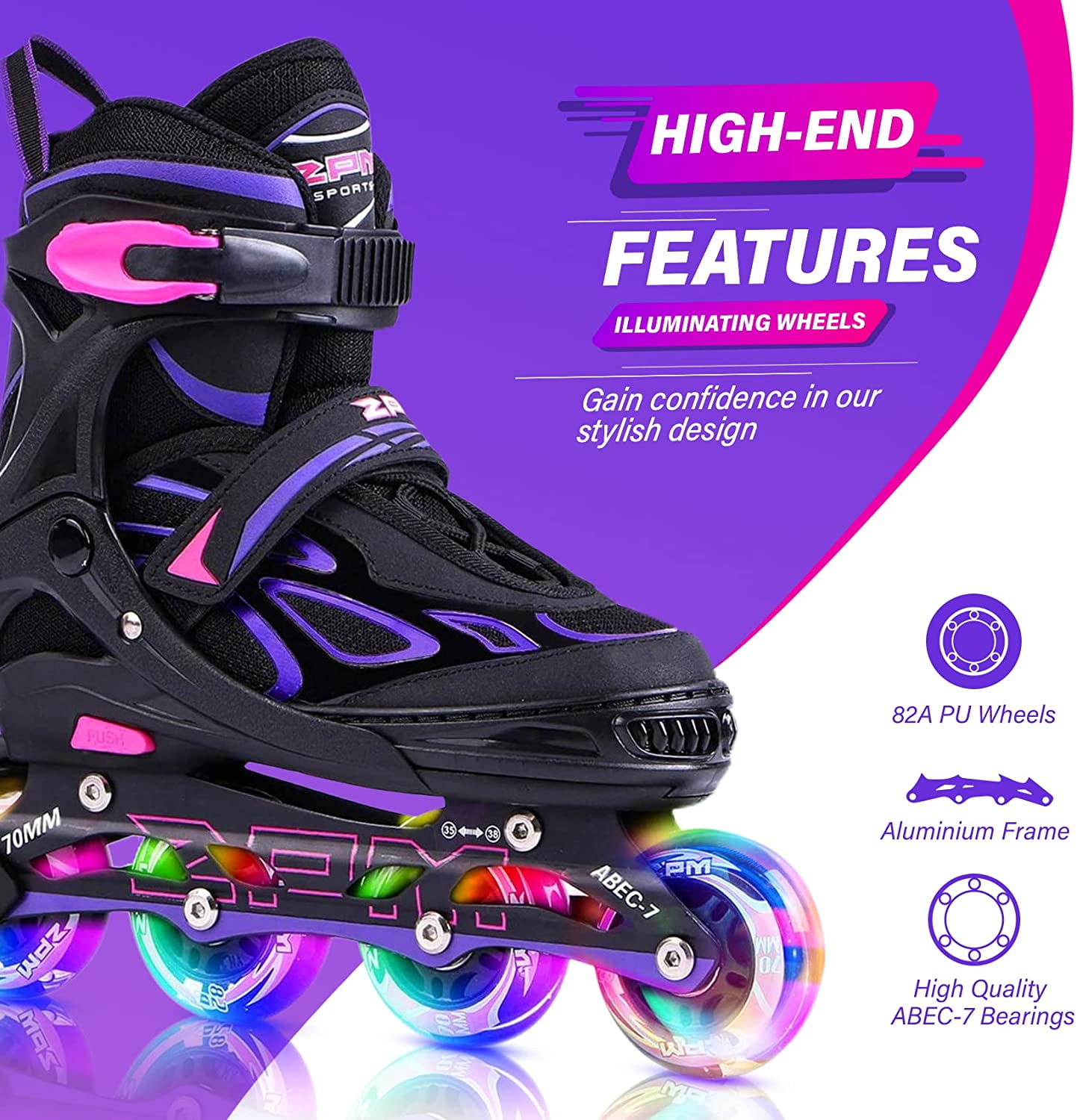 Adjustable Flashing Inline Skates, All Wheels Light Up, Fun Illuminating Skates for Kids Men Adult Women and Boys