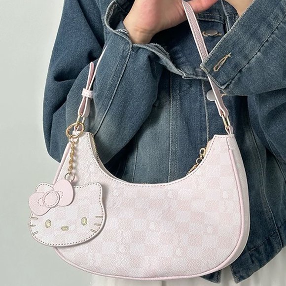 MINISO Cute Underarm Bag Design Hello Kitty Printed Pollen Chessboard Crescent Bag PU Women's Single Shoulder Handbag