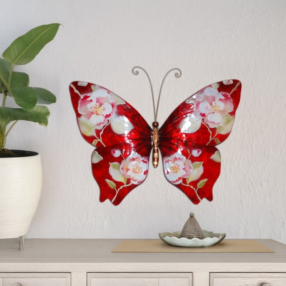 Eangee Home Design Butterfly Wall Decor Red With Flowers, Capiz and Metal, Indoor / Outdoor Safe, 18x1x13 Inches
