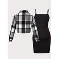 thumbnail image 3 of Mikrdoo 9 Years Kid Girls Outfits 8Y,9Y,10Y,11Y,12Y Big Girls Straps Dress Plaid Print Lapel Collar Cropped Coat 2Pcs Clothes Set Black, 3 of 7