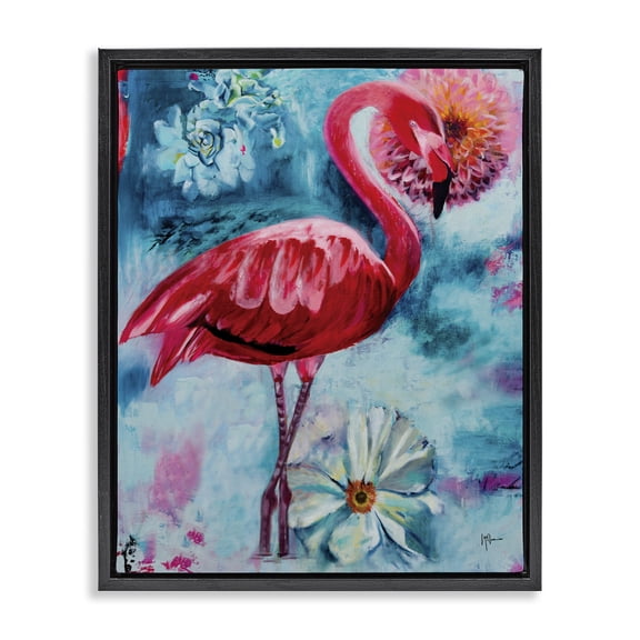 Stupell Industries Eclectic Modern Flamingo & Blooms Black Floating Frame Canvas Art, 17 x 21, by Linda McClure