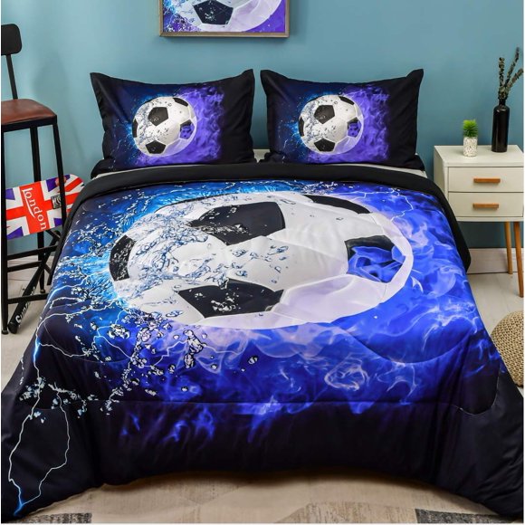 Andency Soccer Couette Simple (66x90 Pouces) 2 Pcs (1 Couette de Soccer 1 Taie d'Oreiller) Ensemble de Couette de Soccer Flamme Bleue Ensemble de Literie Sport en Microfibre pour Garçon Fille Enfants Ado