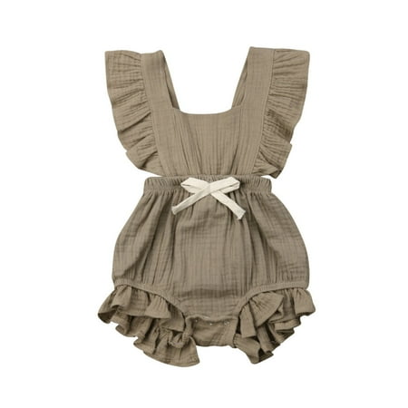 

Douhoow Newborn Baby Girl Sleeveless Romper Ruffle Solid Color Square Beck Bow Jumpsuit 0-24 Months