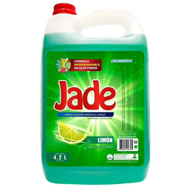 Jabon Lavatrastes Liquido Arrancagrasa Jade Limon 4.2 litros | Trastes Lavavajillas | formula biodegradable de alto poder Suave Con Las Manos Triple poder activo Rinde el doble poderosa espuma 4200 ml Jade Lavatrastes liquido 4 Litros