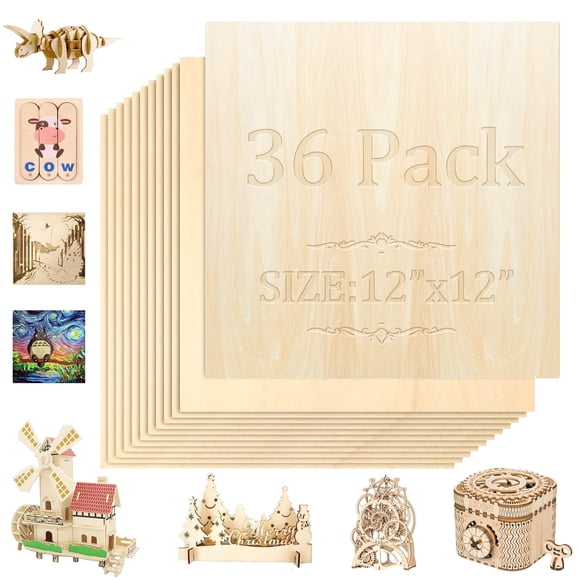 Láminas de madera de tilo de 3 mm de madera contrachapada, paquete de 36 unidades, 12 x 12 pulgadas,