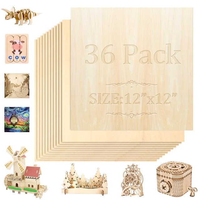 Láminas de madera de tilo de 3 mm de madera contrachapada, paquete de 36 unidades, 12 x 12 pulgadas,