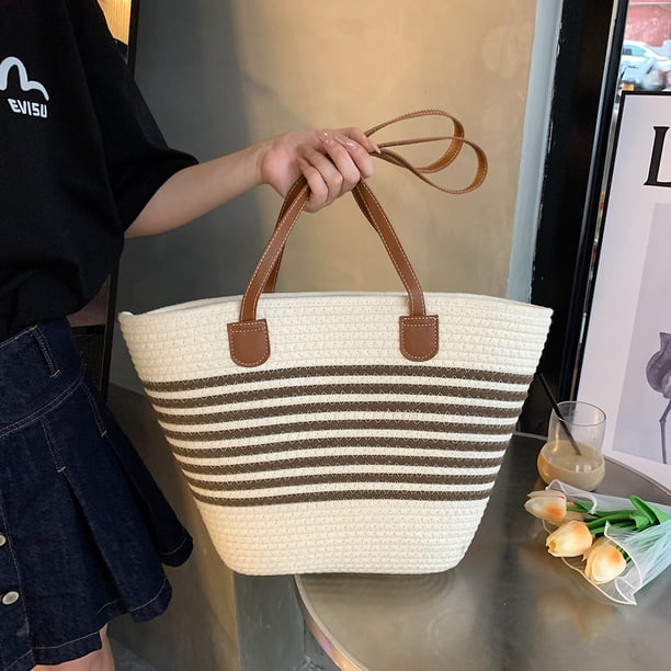 Bolso de ganchillo para mujer, bolso de hombro de paja suave, bolso de playa de viaje de verano (café)
