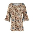 thumbnail image 4 of TQWQT Plus Size Tops for Women Loose Fit Tunic Summer Tops Ethnic Floral Print V Neck Pleated Ruffle 3/4 Sleeve Shirts Dressy Casual Blouse Light Brown 3XL, 4 of 5