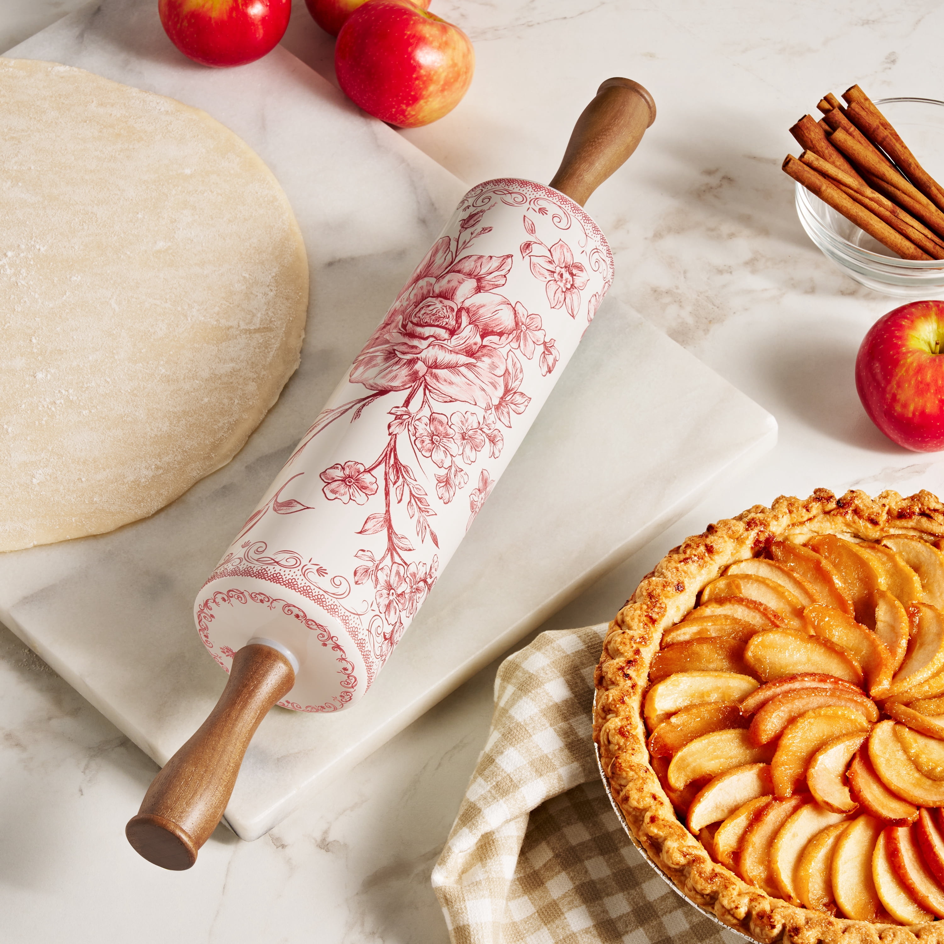 The Pioneer Woman Agatha Ceramic Rolling Pin with Wood Handles, Red