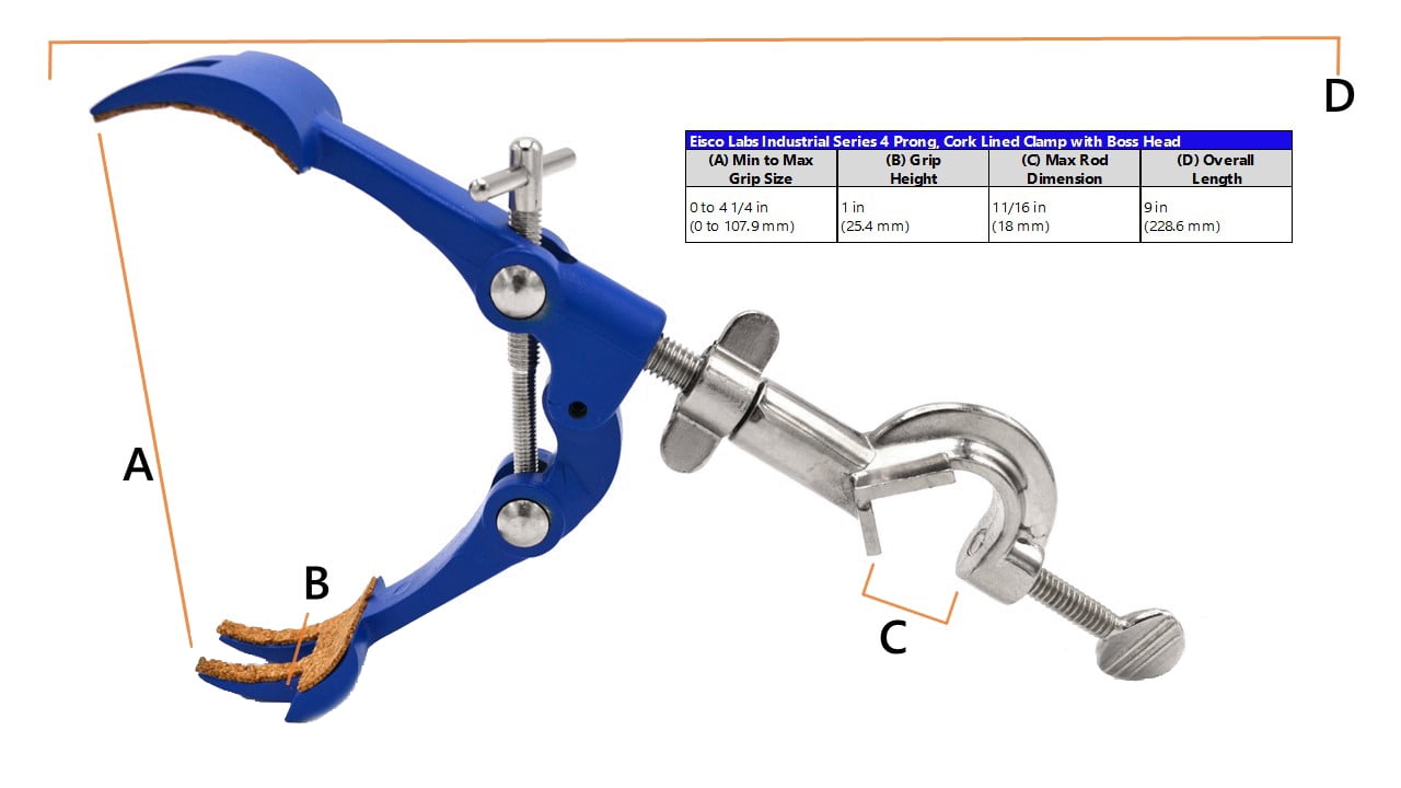 4 Prong, Cork Lined Clamp on Swivel Bosshead - 4.1" Max Clamp Opening, Bosshead fits up to 18mm Rods - Zinc Alloy Clamp - Research, Industrial Laboratory Grade -  Eisco Labs