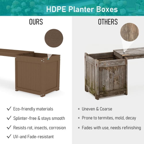 HDPE 2-in-1 Outdoor Bench with Flower Boxes, Open-Bottom Planter, Garden Patio Seating, 71 in W, Brown