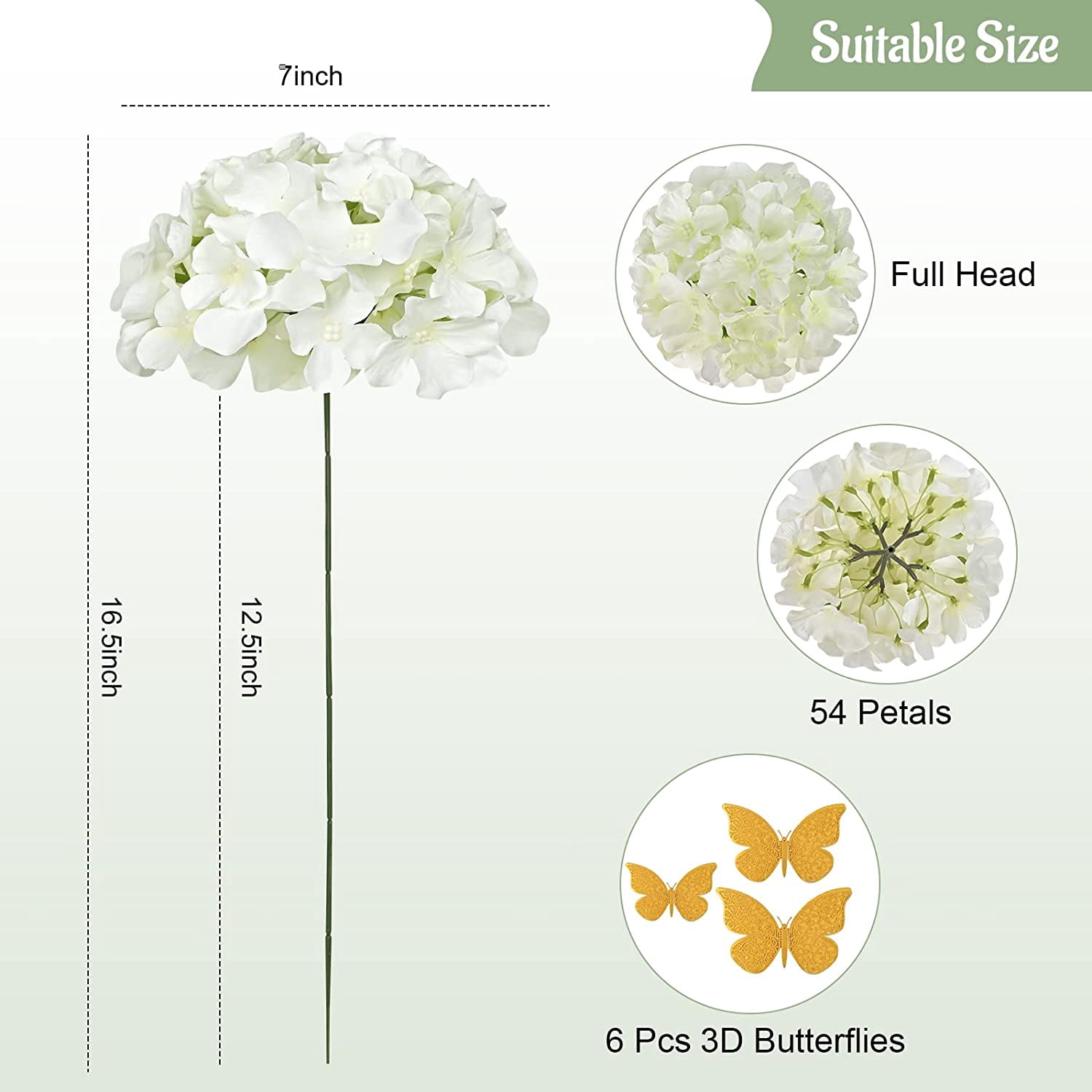 6pcs White Hydrangea Artificial Flowers, Faux Hydrangea Flowers with Stems, Full Heads Silk Fake Hydrangea Flowers for Wedding Bouquet Home Party Decor Centerpieces Floral Arrangements