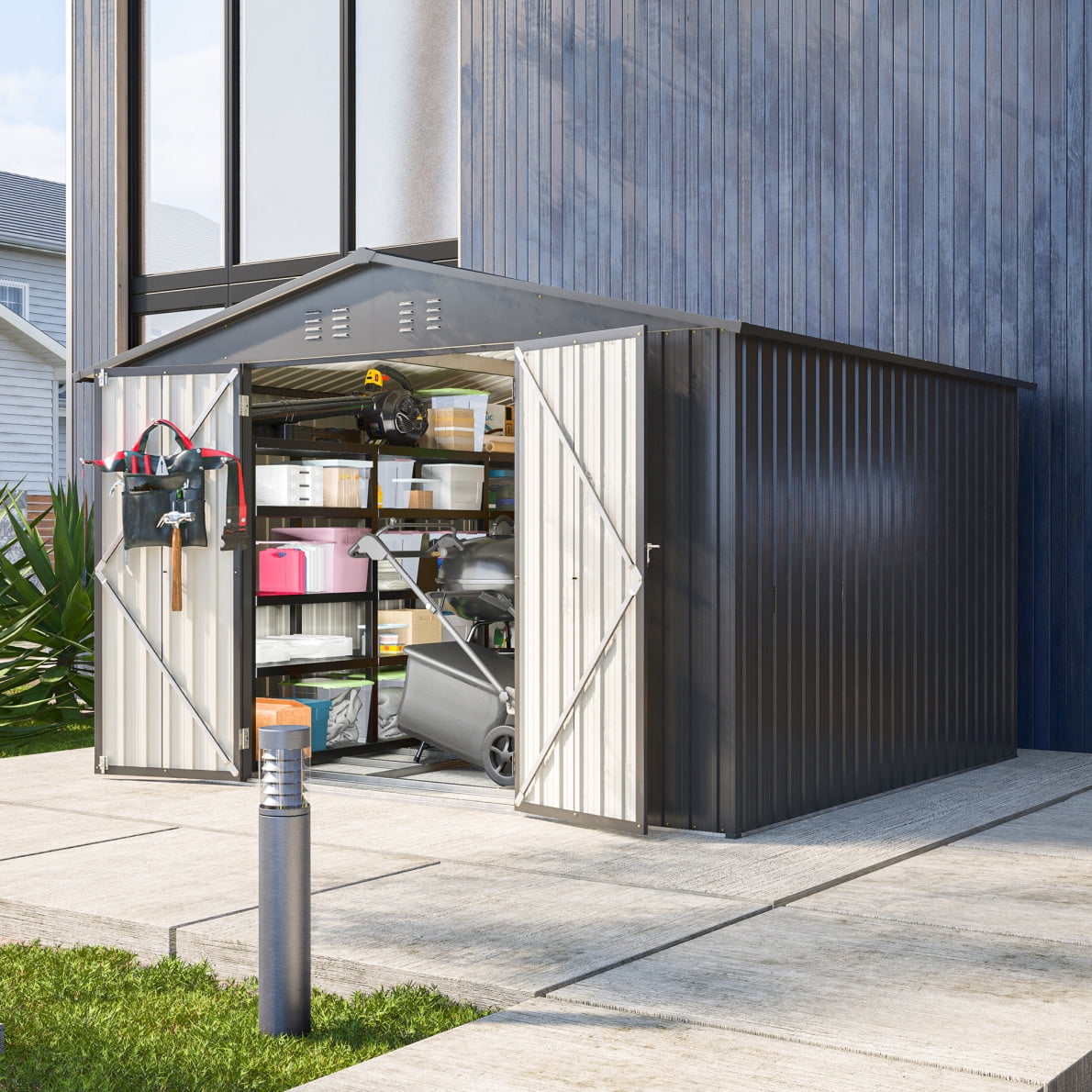 10X8 FT Outdoor Storage Shed, Metal Tool Shed & Outdoor Storage with Lockable Door and Vents Ideal for Bicycles, Tools, Lawnmowers, Backyards, Patios, Lawns