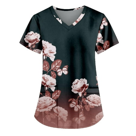 

Mlqidk Scrub Tops for Women Floral Printed Short Sleeve Nurse Working Uniform Summer V Neck Holiday Tunic Blouse with Pocket Wine XL