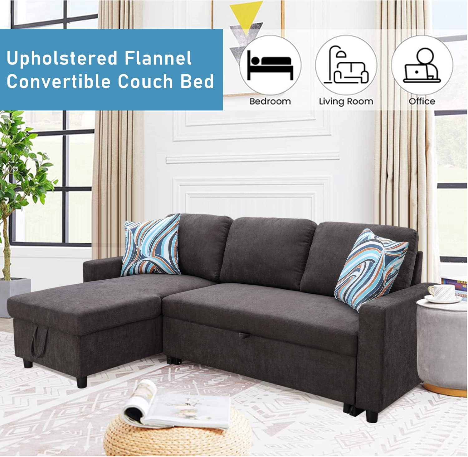 PonLiving 83" Reversible Sectional Sleeper Sofa with Storage Chaise Dark Brown Flannelette - Convertible L-Shaped Couch with Pull Out Bed
