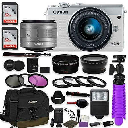 Canon EOS M100 Mirrorless Digital Camera (White) Premium Accessory Bundle with Canon EF-M 15-45mm IS STM Lens (Silver) + Canon Water Resistant Case + 64GB Memory + HD Filters + Auxiliary