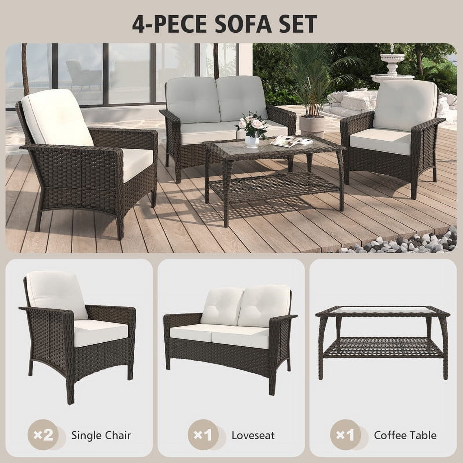 GAZEBETER 4 Piece Outdoor Patio Furniture Set,Wicker Patio Conversation Sets of 4,PE Rattan Wicker Table and Chairs Set with Cushions,Beige