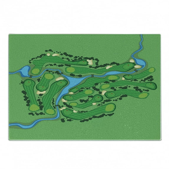 Golf Cutting Board, Map of a Golf Course Layout with Flags Trees Plants River and Bridges Game Abstract, Decorative Tempered Glass Cutting and Serving Board, in 3 Sizes, by Ambesonne