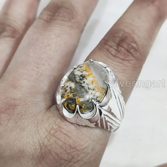 Bumblebee Jasper Mans Ring, Natural Bumblebee Jasper, Silver Jewelry, 925 Silver Ring, Birthday Gift, Heavy Mens Ring, Arabic Design, Ottoman Style Ring, Christmas, Turkey Mens Signet Ring