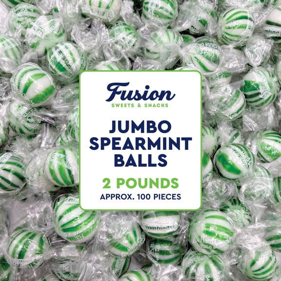 Jumbo Spearmint Mint Balls – 2 Pound Bulk Bag, Spearmint Candy Individually Wrapped, Green And White Candy Jumbo Pieces, Hard Mint Spheres with Refreshing Flavor
