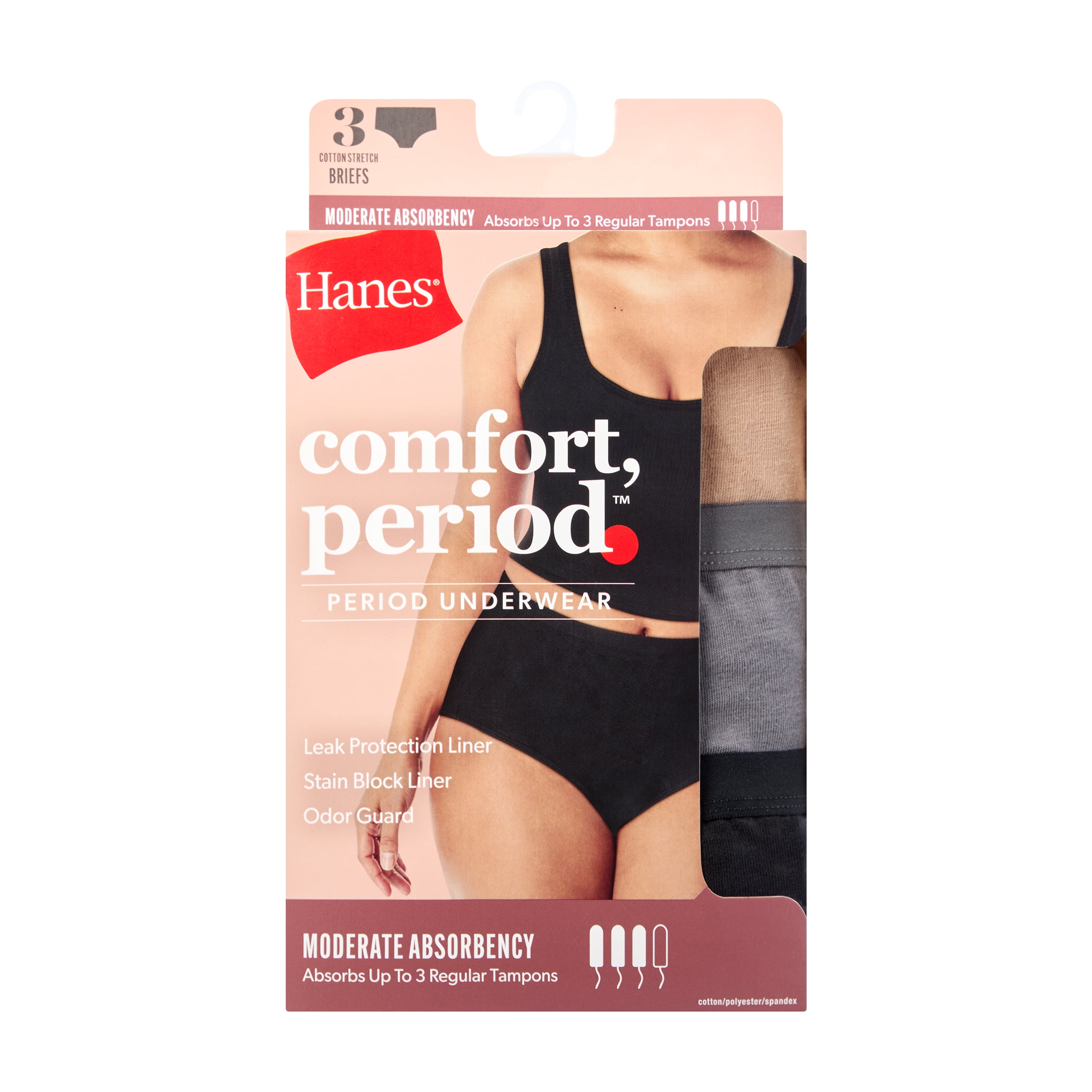 (2 pack) Hanes Womens Period Underwear 3-Pack, Comfort, Period Moderate Protection Period Panties, Period Underwear for Women