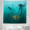thumbnail image 1 of Deep Sea Tapestry, Silhouettes of Divers and a Sunken Ship Treasure Chest Marine Life, Fabric Wall Hanging Decor for Bedroom Living Room Dorm, 5 Sizes, Aqua Dark Teal Marigold, by Ambesonne, 1 of 1