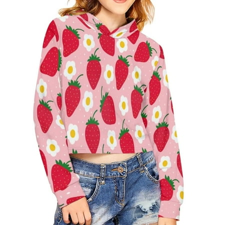 

Renewold 11-12 Years Teen Girls Hoodies Long Sleeve Graphic Crop Tops Pullover Sweatshirts Strawberry Flowers Print Shirt Softness Warmth Clothes Outgoing Park Streets Clothes