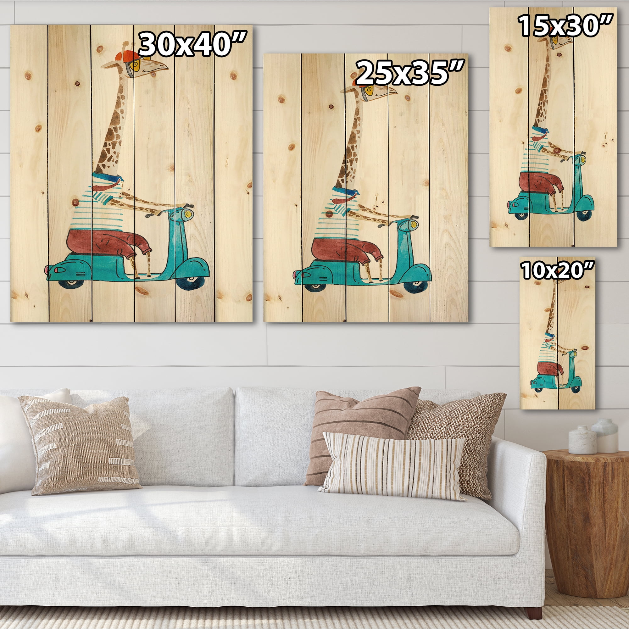 Designart 'Giraffe Dressed Up Wearing Helmet & Riding Blue Scooter' Children's Art Print on Natural Pine Wood