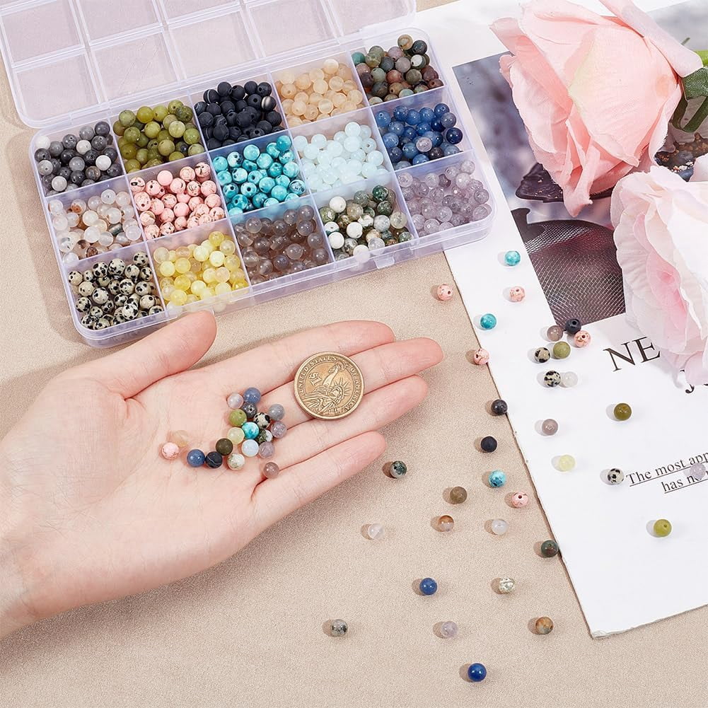 About 750 Pcs Mixed Gemstone Beads Kit 15 Styles Round Natural Synthetic Stone Beads Crackle Beads Clear Beads Undyed Loose Spacer Beads for Bracelets Necklace Jewelry Making 6mm