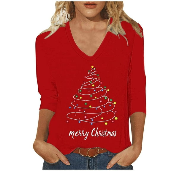 LiMoi Women's V Neck 3/4 Sleeve Holiday Blouse with Sparkling Christmas Tree Design Tees Tshirts Tops Shirts My Items