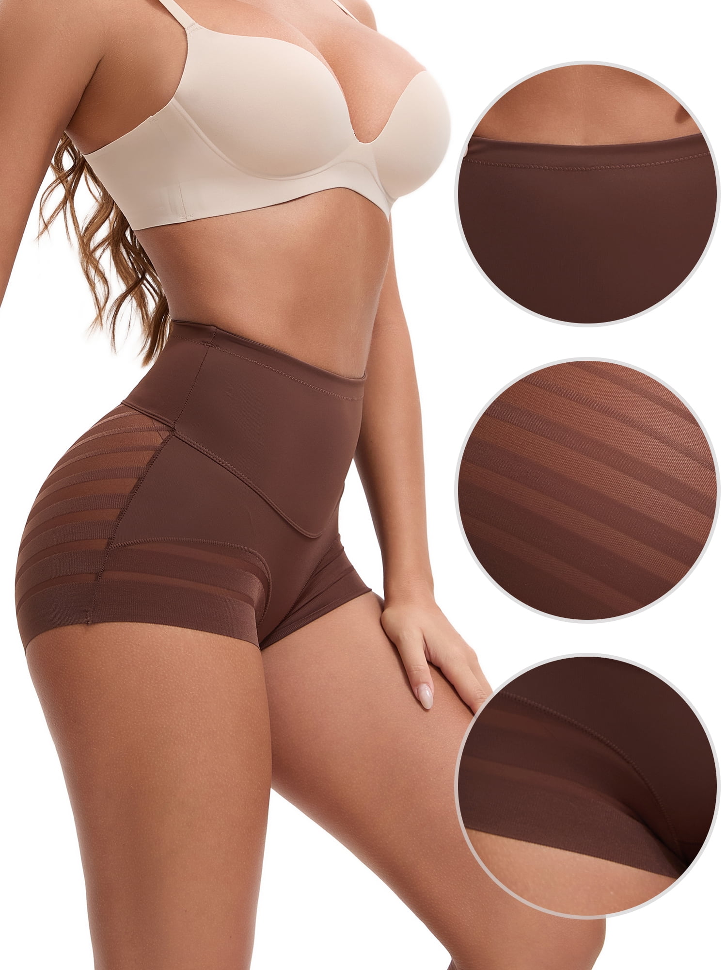 Unique Bargains Tummy Control Shapewear Stripe Mesh Underwear Panties M Coffee