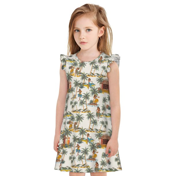 Fotbe Hawaiian Style Vestido de Dormir para Niñas de 3 a 10 Años, Mangas Cortas, Estilo Princesa, Pijama Camisón con Mangas Voladas-Medium