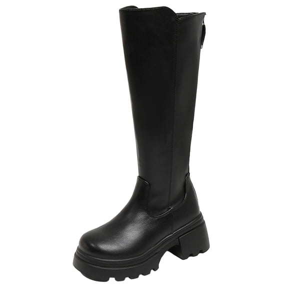 E-856 Black Womens Knee High Boots Round Toe On Thick Sole Comfortable Long Boots For Women