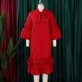 thumbnail image 4 of AURA Plus Size Ruffle A Line Midi Dress Half Open Collar Trumpet Sleeve 3 4 Sleeve Casual Elegant Dress with Zipper, 4 of 11